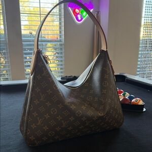 Monogram Canvas Shoulder Hobo Bag - Brown/Tan Trim